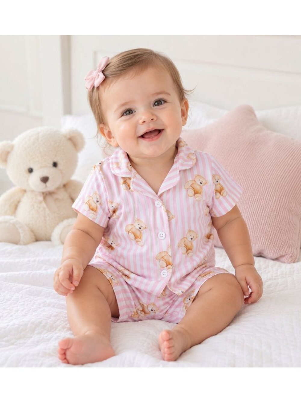 Pajama Set Teddy Bear Baby 6-9 Months Print Pink Striped Button Up Shirt Shorts